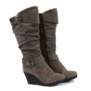 Gray Wedge Tall Heel Mid Calf Slouchy Boots NEW